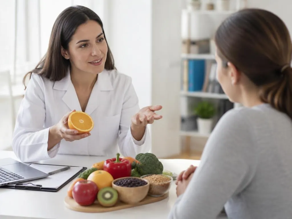 Consultório de nutrição com mesa de madeira e luz natural